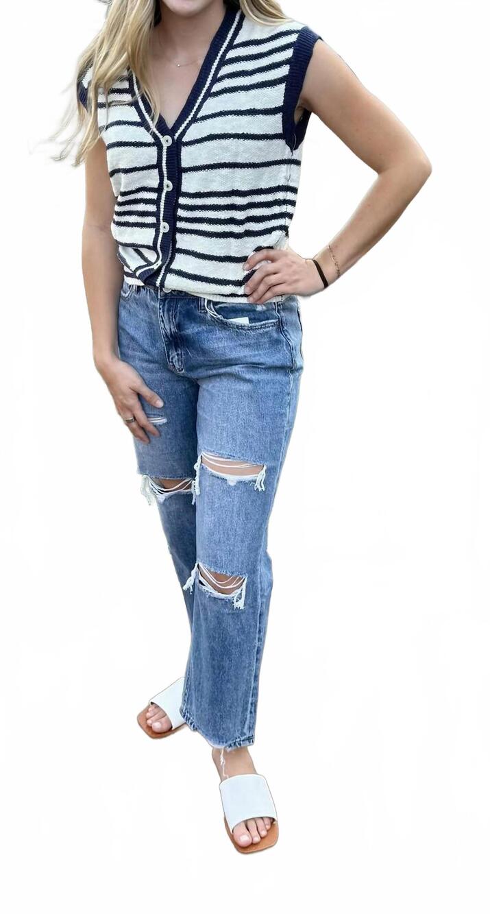 NEW 1 THE WOMAN stripe v-neck sweater vest in blue